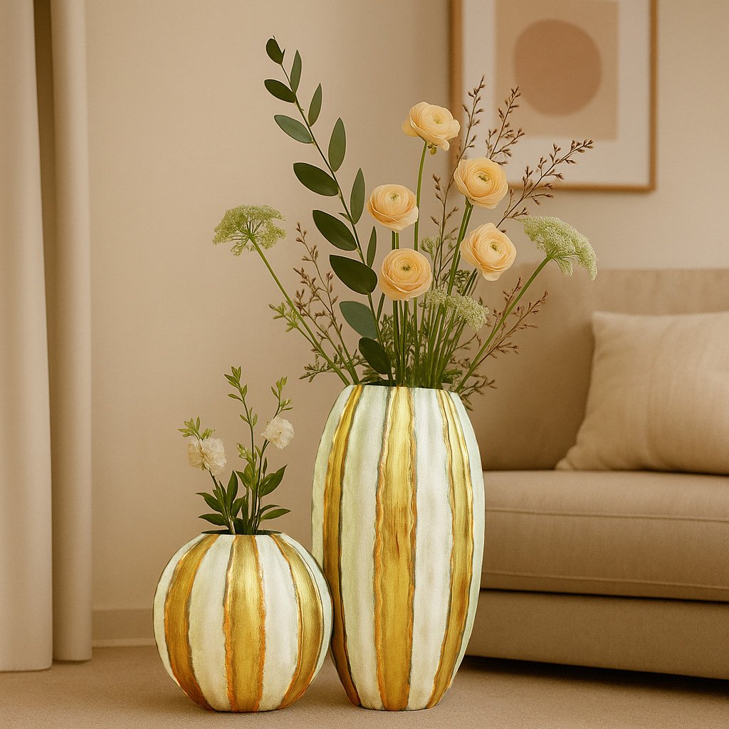 White and gilded vase striped in polyresin 41x41x81cm