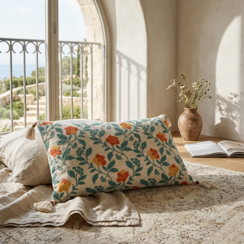 Beige Embroidered Tassel Lumbar Cushion Cover – Cotton – 35×60 cm – Urbane Hide