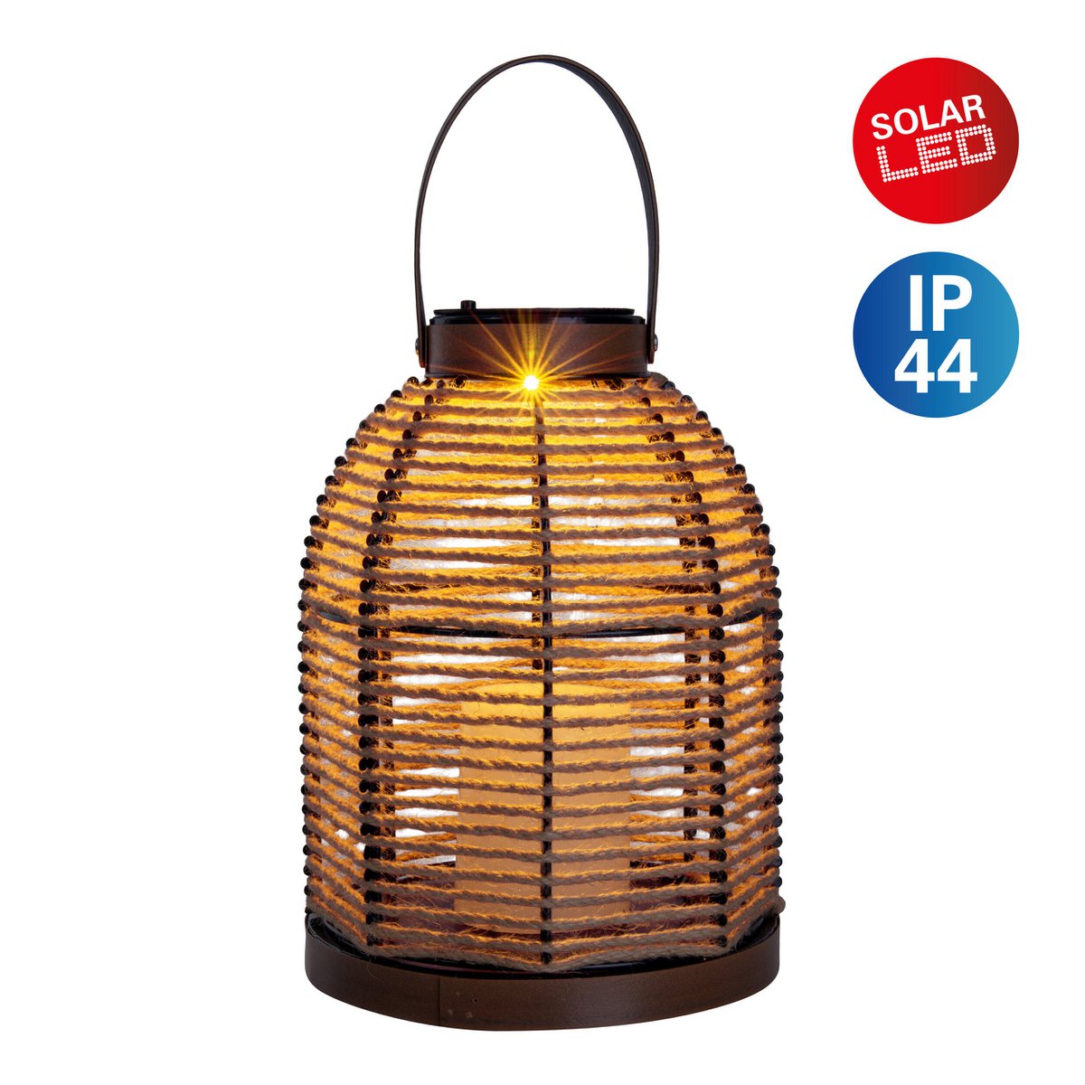 LED-solcellslampa "Korbinian" för trädgård och terrass, dekorativ lampa av metall med juterep i natur, fasta inbyggda LED-lampor, solcellslampa för utomhusbruk 29 x 21 cm