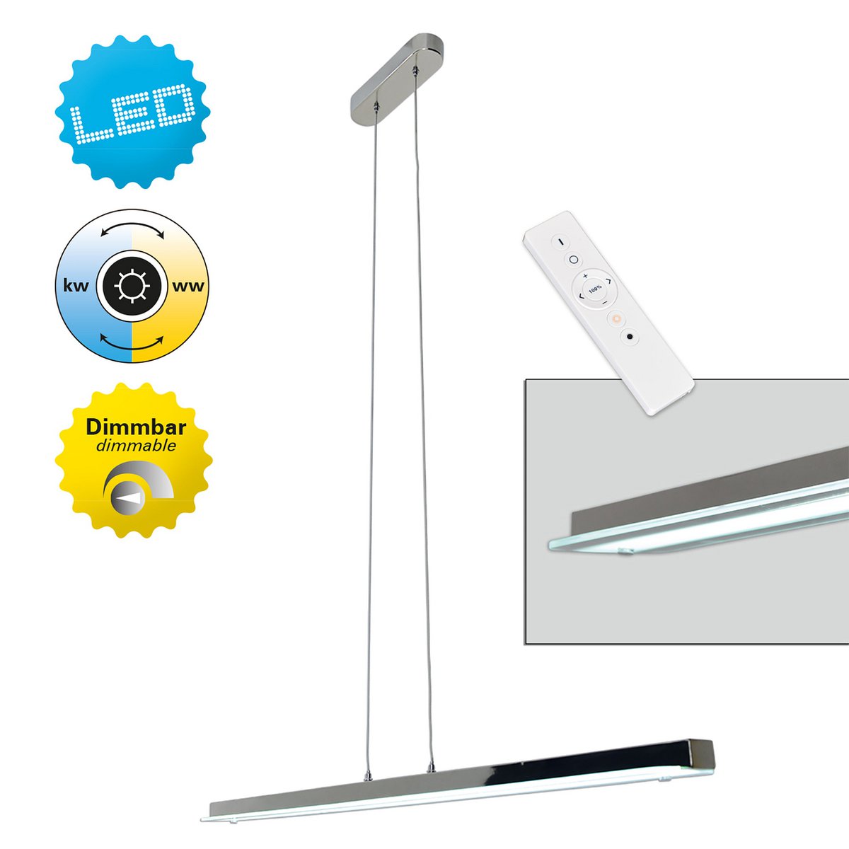 LED-pendellampa "Beam" totalt 18W, 100 cm lång, med fast inbyggda LED-lampor, dimbar, justerbar färgtemperatur, för matsal och kontor