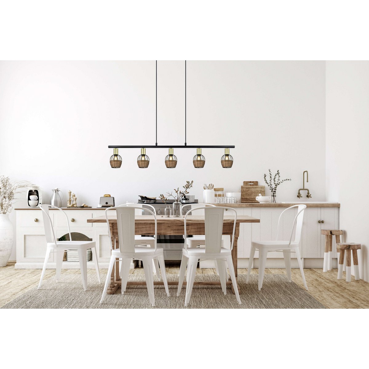 5er Pendelleuchte "CORBIS", Hängelampe aus Metall in Schwarz, mit Gold und Rattan, mit E14-Fassung, für Esszimmer, Wohnzimmer, Diele oder Büro, 100 cm lang