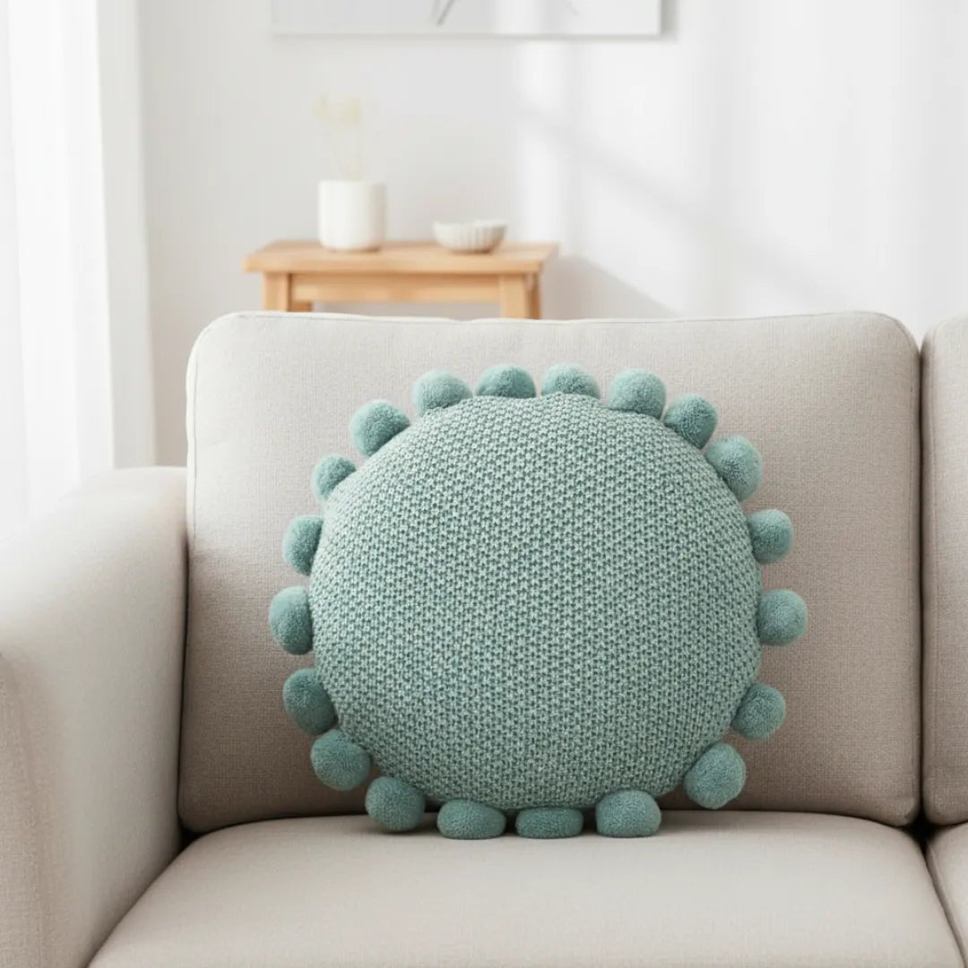 Soft Blue Round Knitted Cushion Cover with Pompoms, 40 cm — Urbane Hide