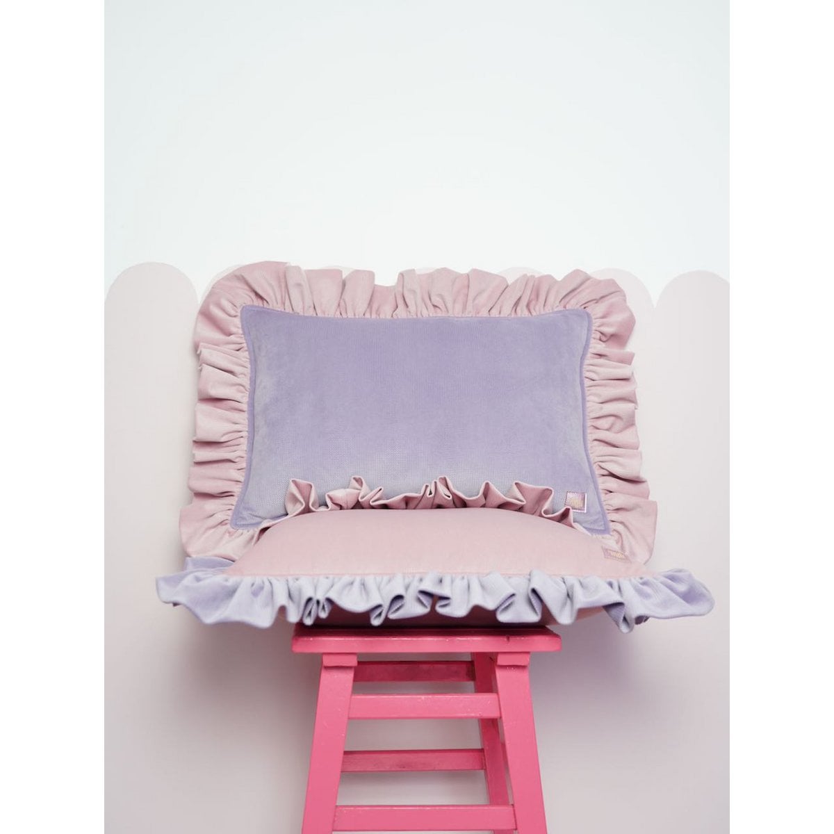 Decorative velvet pillow with frill "Violet lemonade"