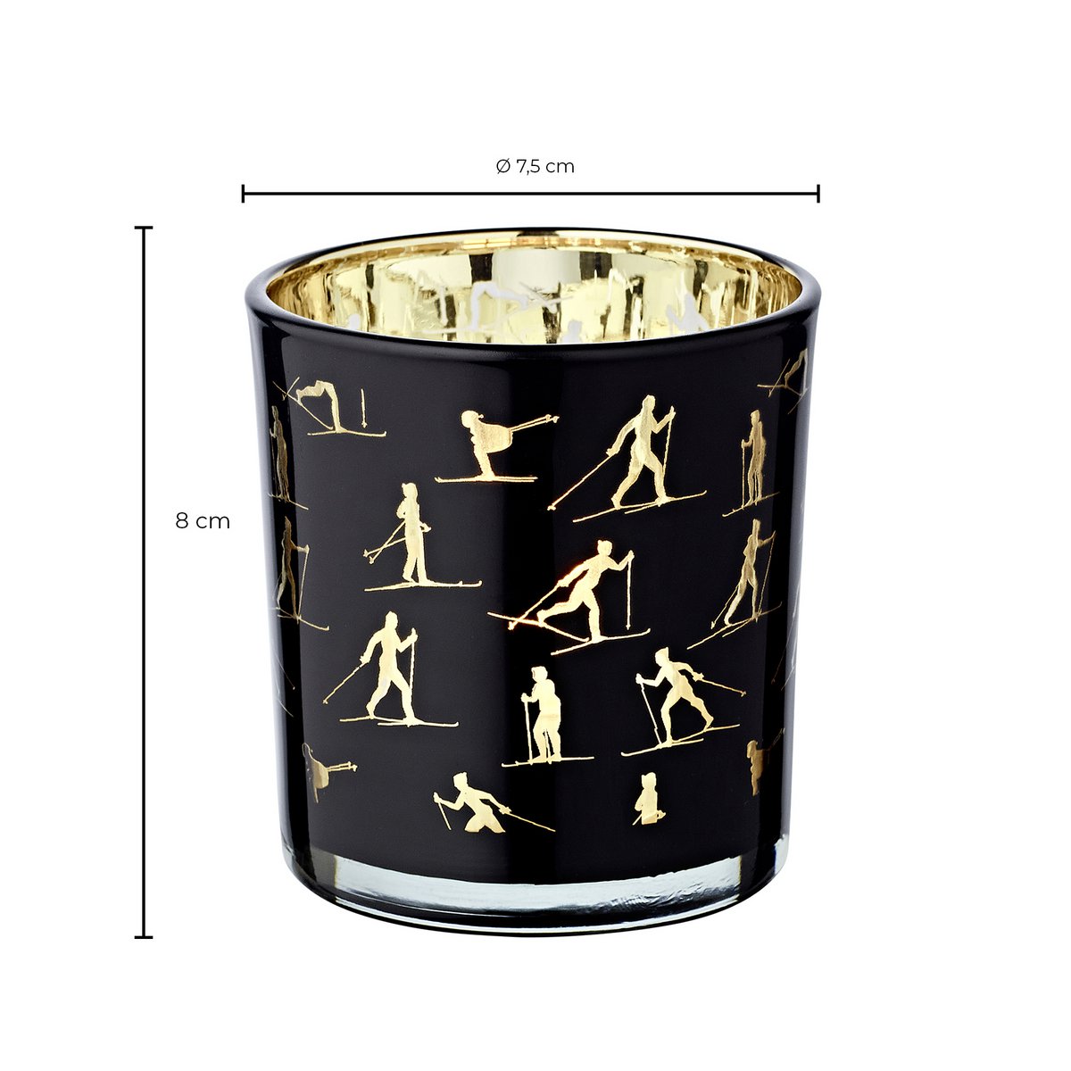 Set of 2 tea light glasses Monty (height 8 cm, ø 7.5 cm), lantern with skiing motif, gold / black