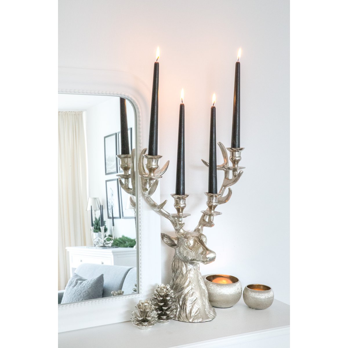 EDZARD candle holder Hirsch Richard for 4 candles, height 43 cm, aluminum nickel-plated, silver-colored