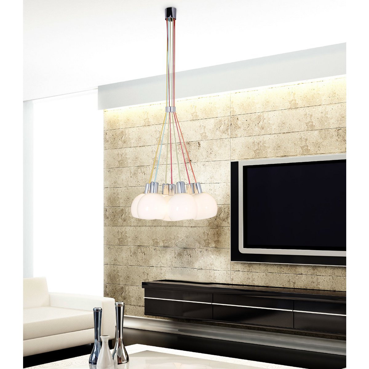 Pendant lamp "Rainbow-Bowl" a total of 120 cm high, 7 glass screens Ø 16 cm, made of chrome-colored metal, opal white glass and colorful supply, E14 versions
