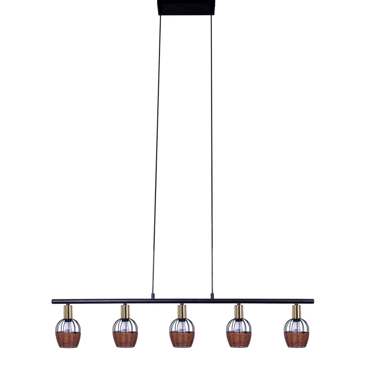 5er Pendelleuchte "CORBIS", Hängelampe aus Metall in Schwarz, mit Gold und Rattan, mit E14-Fassung, für Esszimmer, Wohnzimmer, Diele oder Büro, 100 cm lang