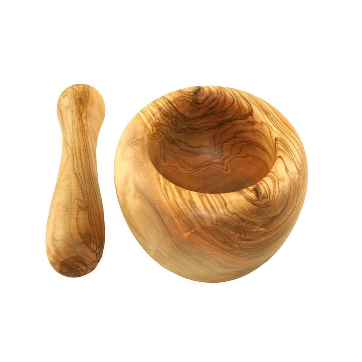 Round mortar (approx. 12 cm diameter) including pestle made of olive wood