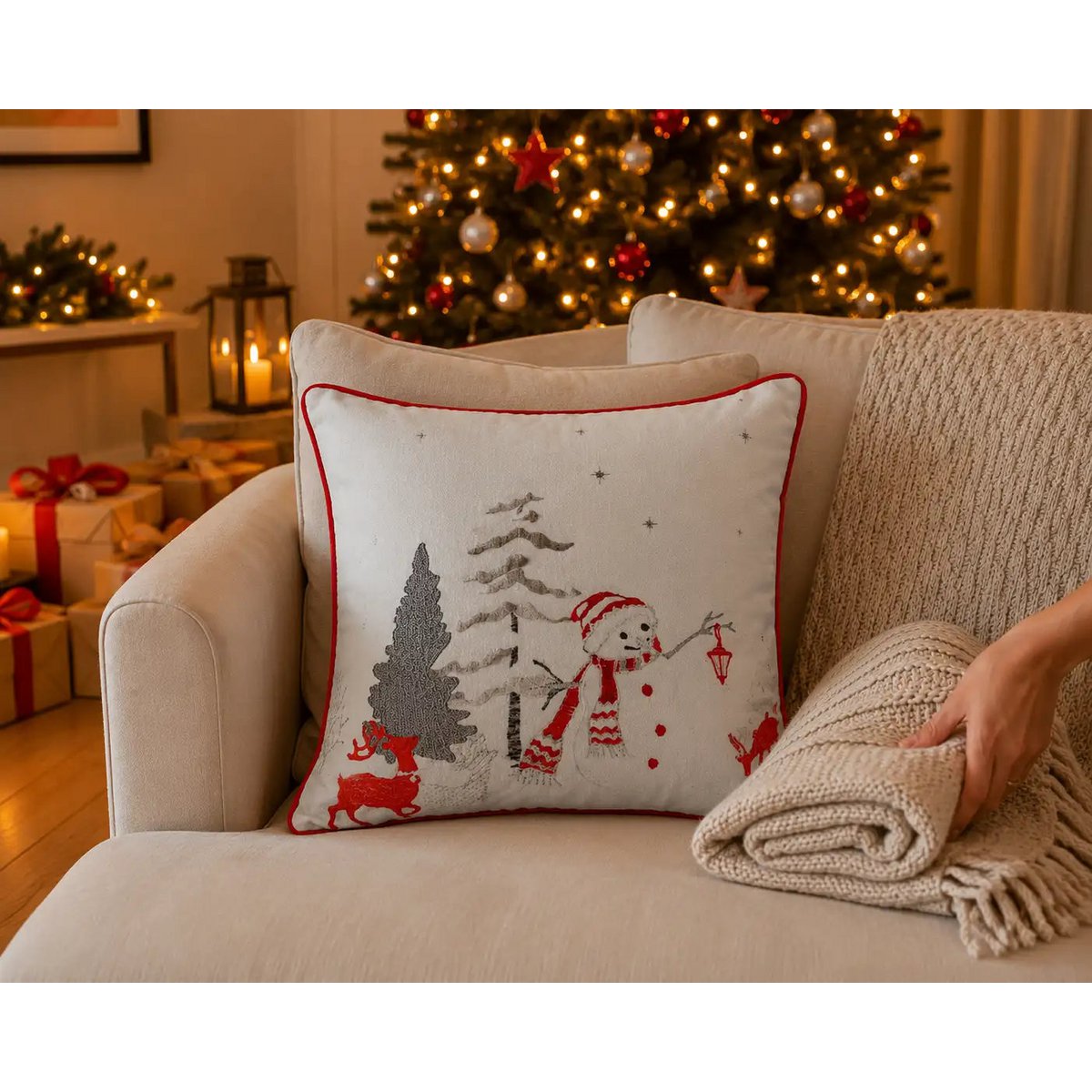 Winter White – Snowman Embroidery – Cushion Cover / Kussenhoes – Christmas 45×45 cm – Urbane Hide