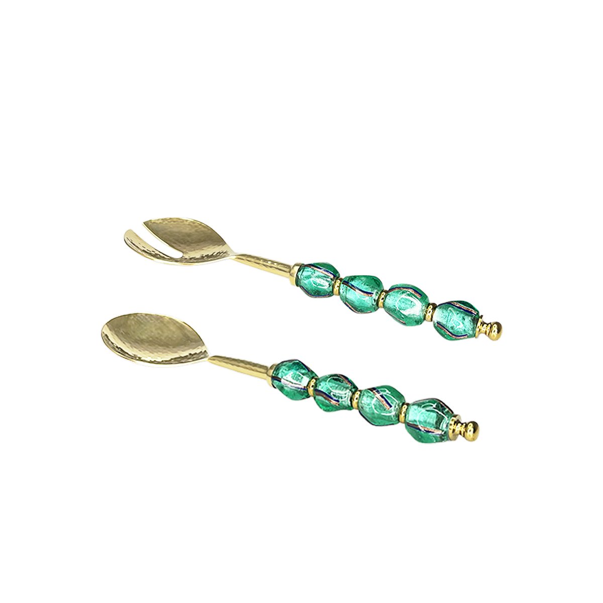 Gold salad servers with green pearl handles