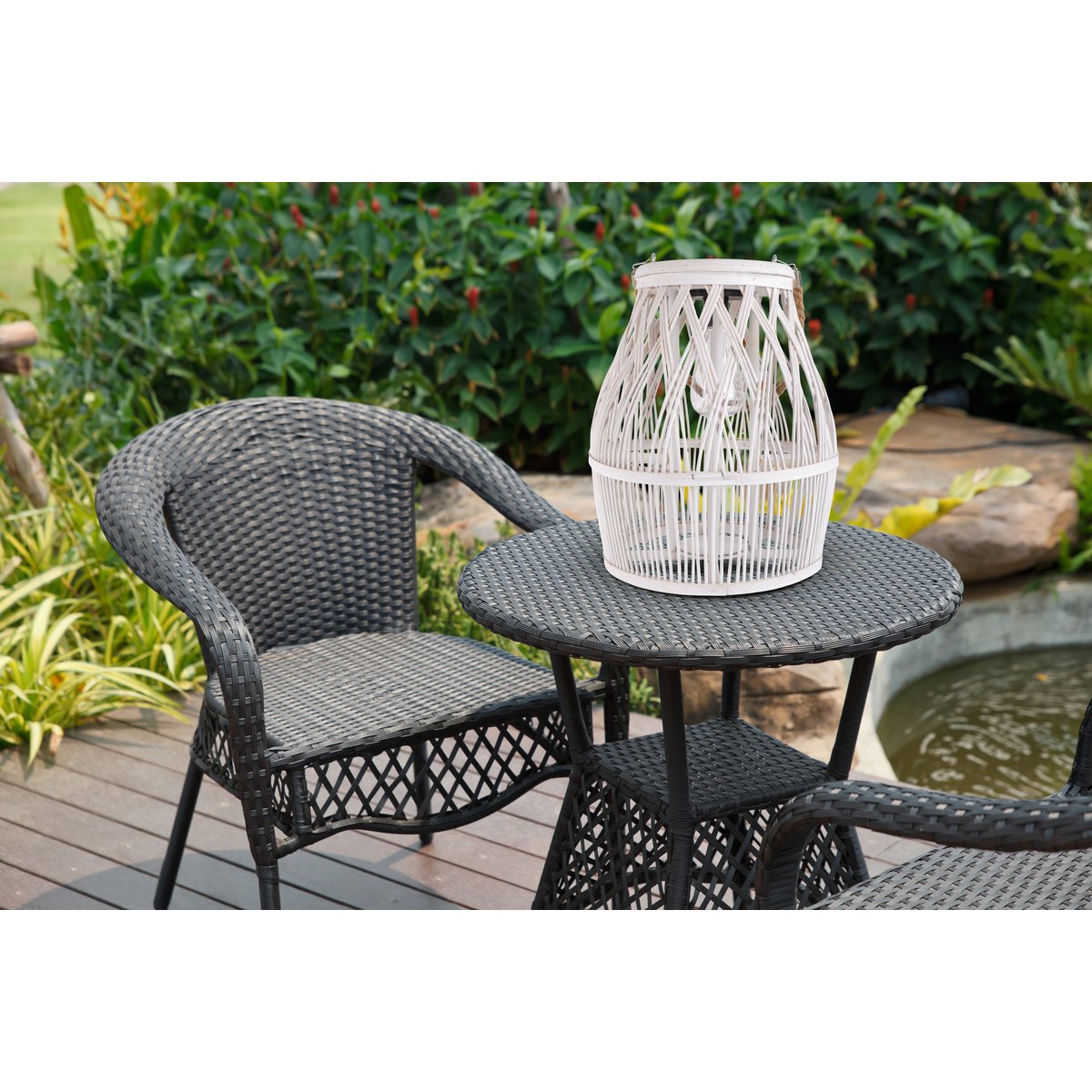 LED Solar-Dekoleuchte "Korbinian" für Garten und Terrasse aus Holz und Rattan in natur, Solar Lampe 34 cm hoch