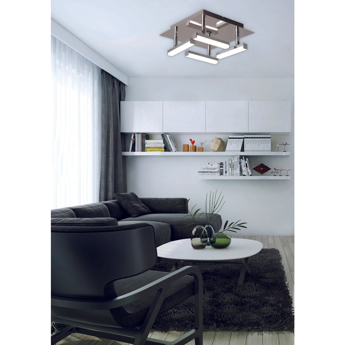 LED ceiling light "Turin" 25 cm x 25 cm, approx. 11 cm high, chrome -colored metal, opal -colored plastic, integrated LEDs, warm white
