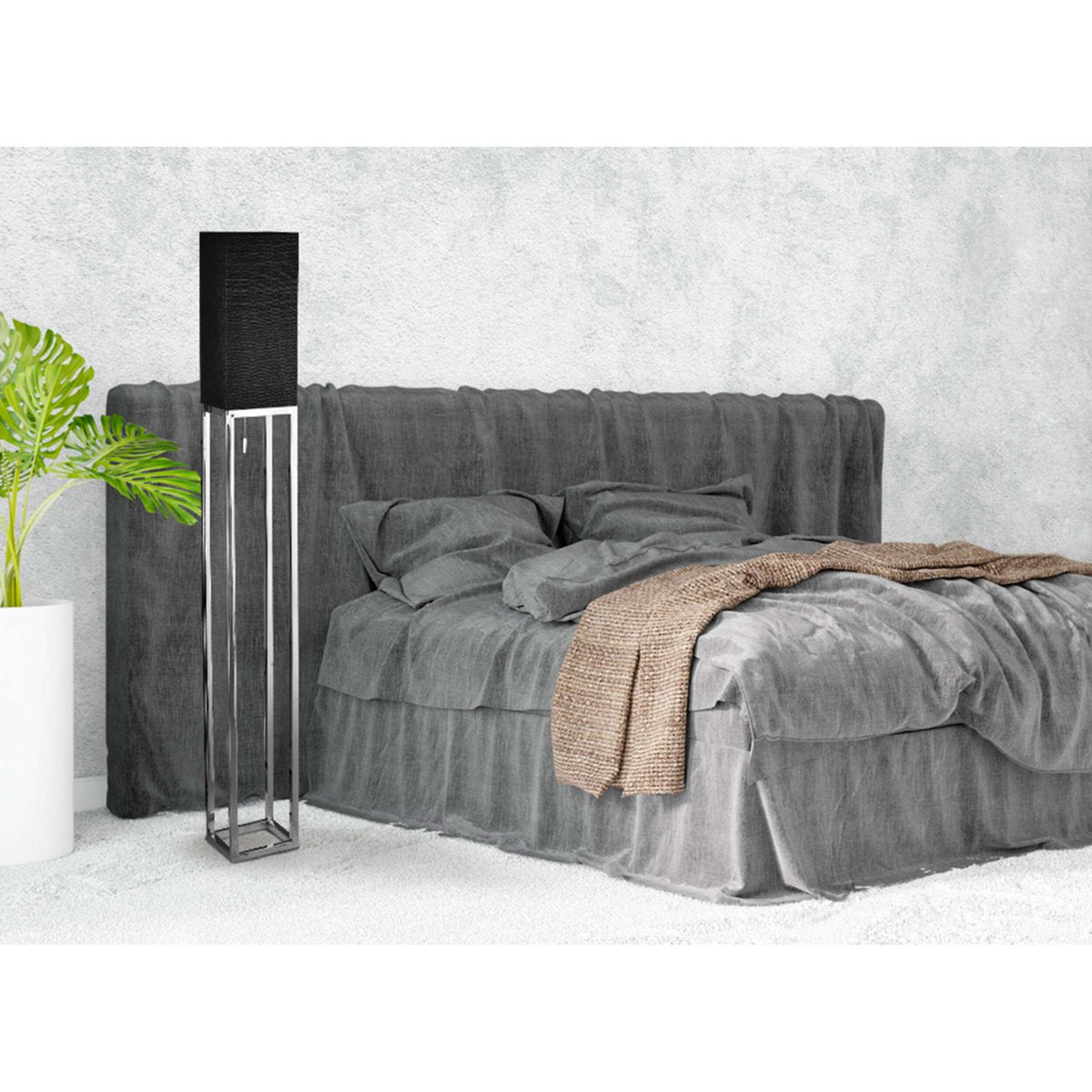Standing lamp "Alfa", modern floor lamp made of metal and textile in chrome/dark gray, with E27 socket, 150.5 cm high, chic lamp for hallway, living room and office
