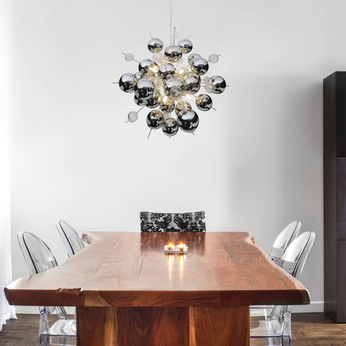 Pendelleuchte "EXPLOSION" chrom aus Metall und Glas, G9 Fassungen, Hängelampe für Esszimmer, Wohnzimmer, Diele oder Büro, Øca. 65 cm