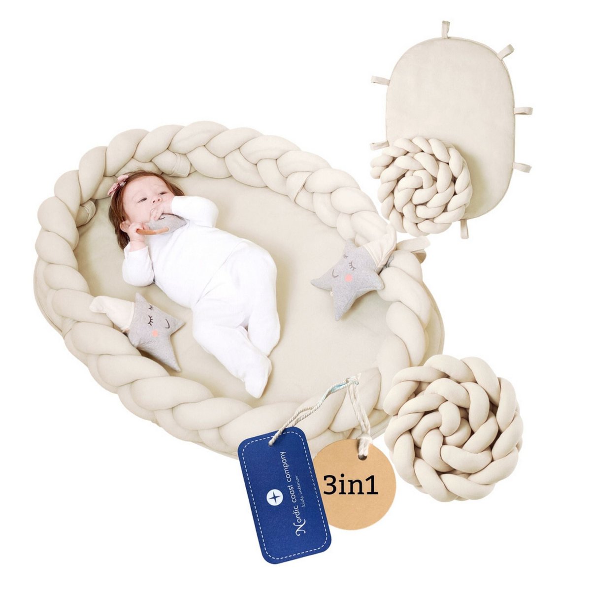 Flätat babynest 3-i-1 elfenbensvitt