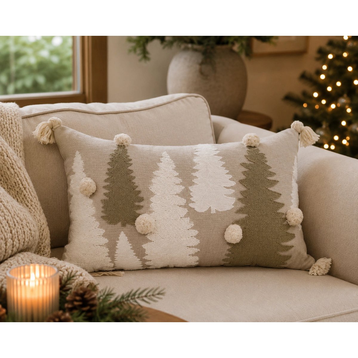 Beige & Crème Christmas Tree – Cushion Cover / Kussenhoes – Christmas 30×50 with Tassels – Urbane Hide