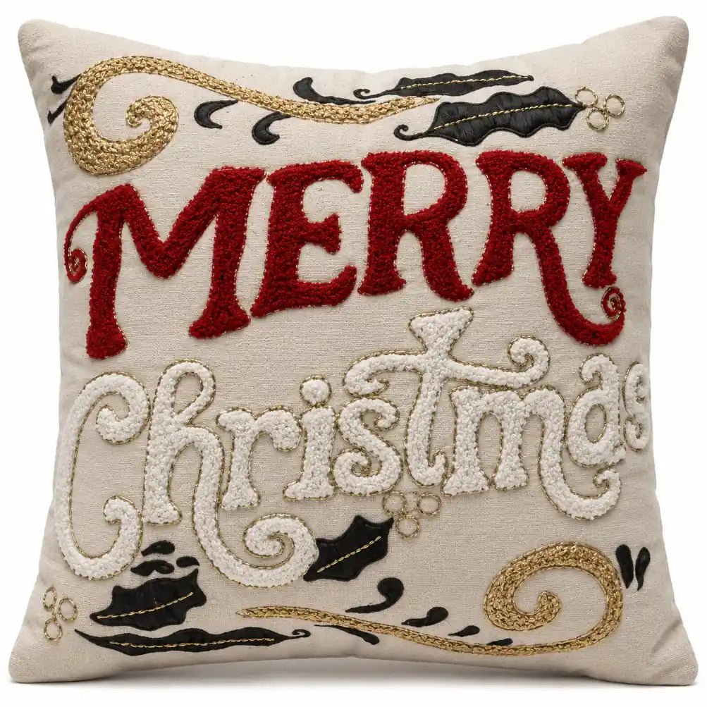 Beige & Red Embroidered – Cushion Cover / Kussenhoes – Christmas 45×45 cm – Urbane Hide