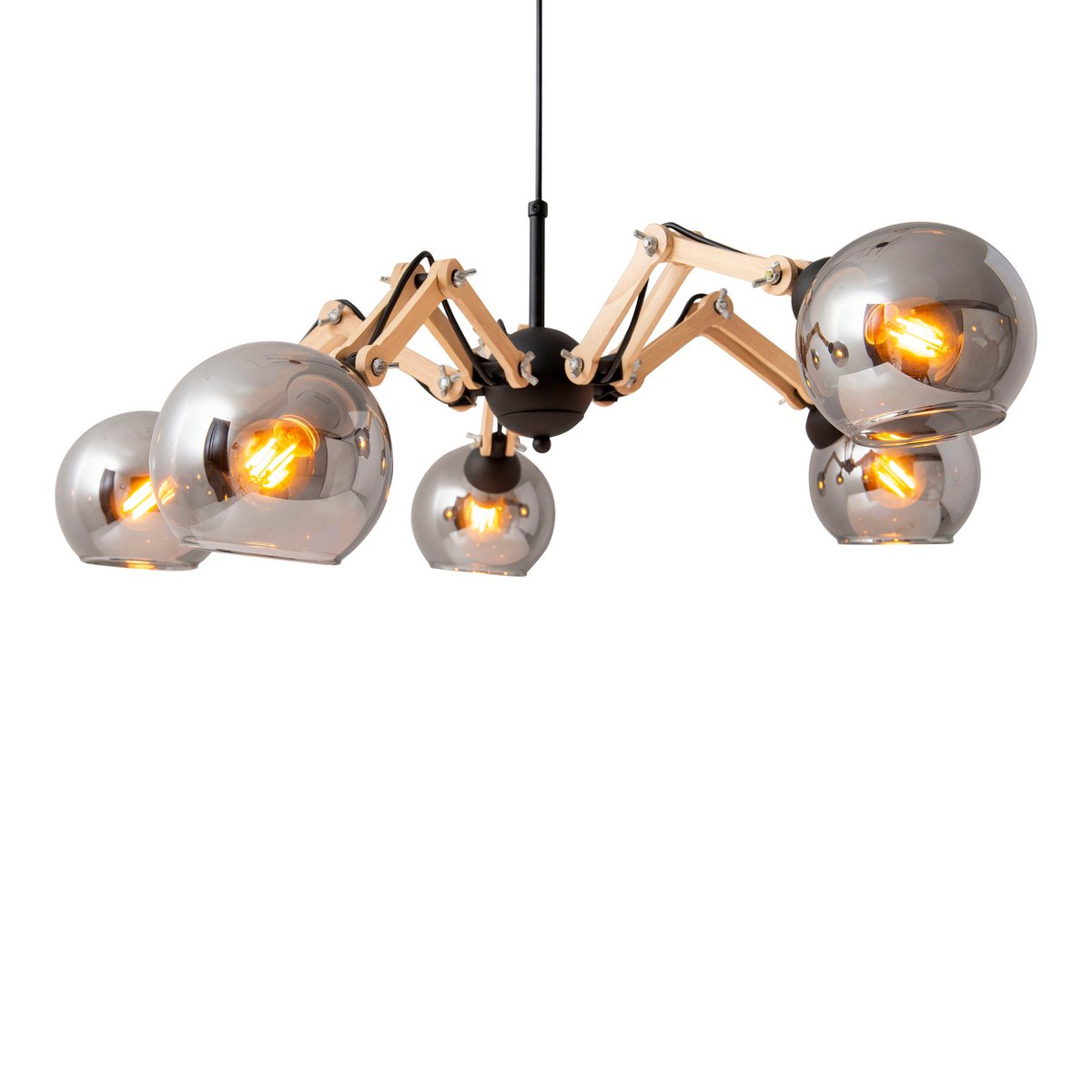 5 glass pendant lamp "Soito" hanging lamp made of metal, glass and rubber wood, with E14 socket, for dining room, living room, hallway or office, 80 cm diameter