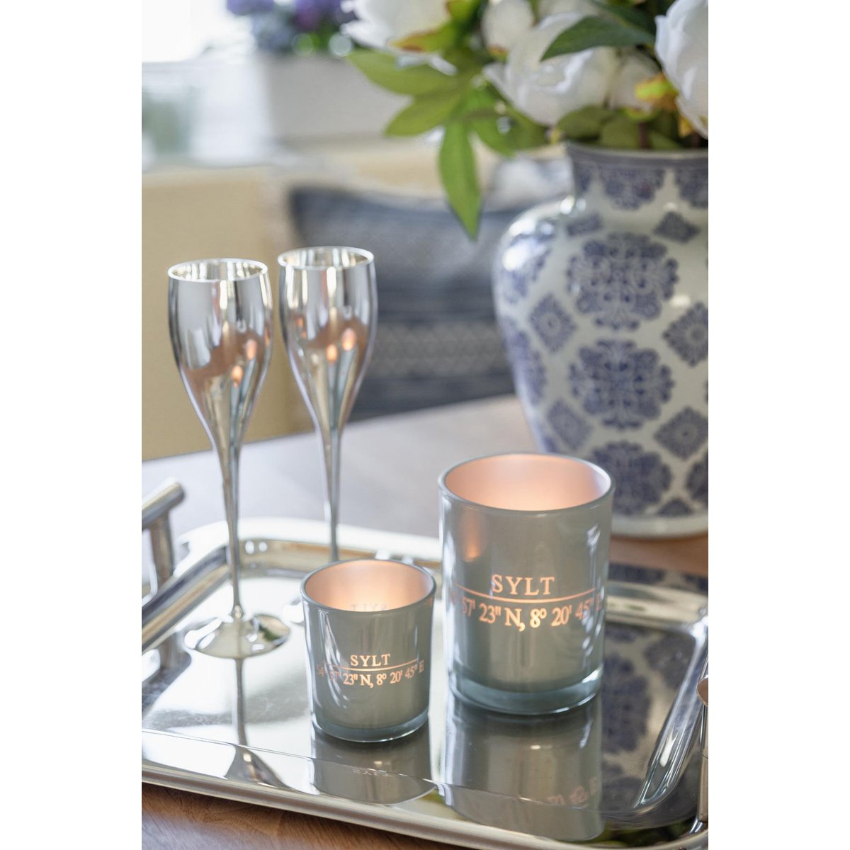 Set of 2 tea light glasses Sylt (height 8 cm, ø 7.5 cm) in grey, elegant lantern with Sylt coordinates