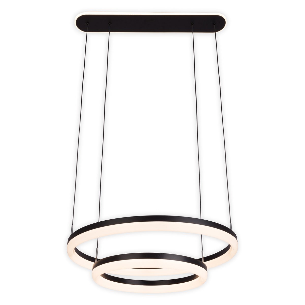 LED CCT pendant light "Circulo" made of black metal and sand-colored plastic, with integrated LED and many functions, Ø 60 cm, 150 cm high.