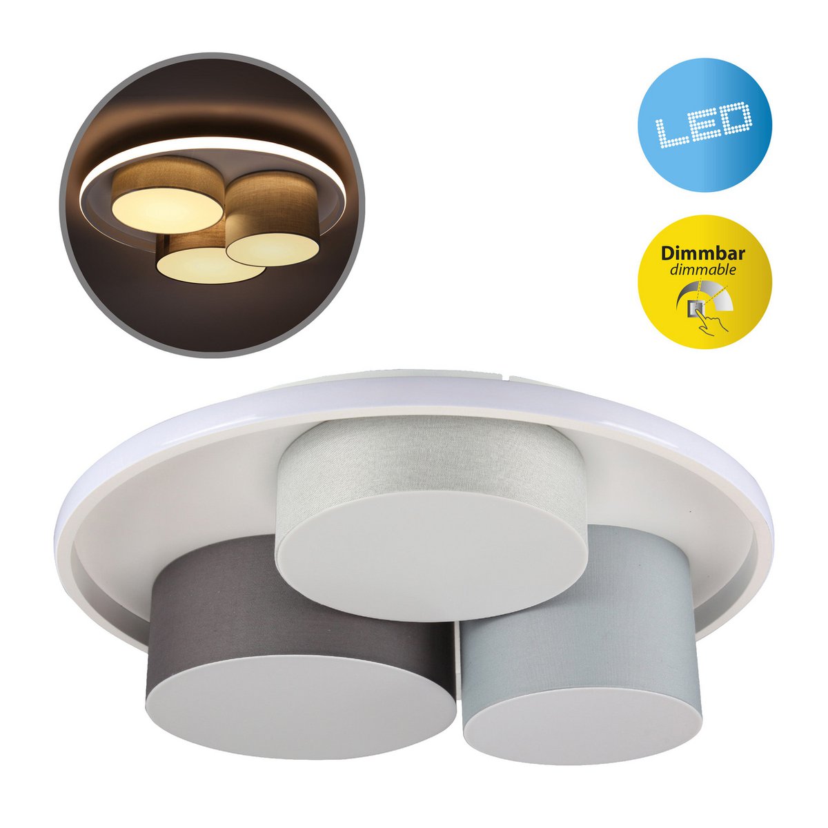 3-LED taklampa "Eppan" Ø 56cm, i metall, plast och textil i grått, integrerade LED-lampor, belysning för vardagsrum, kontor eller entré