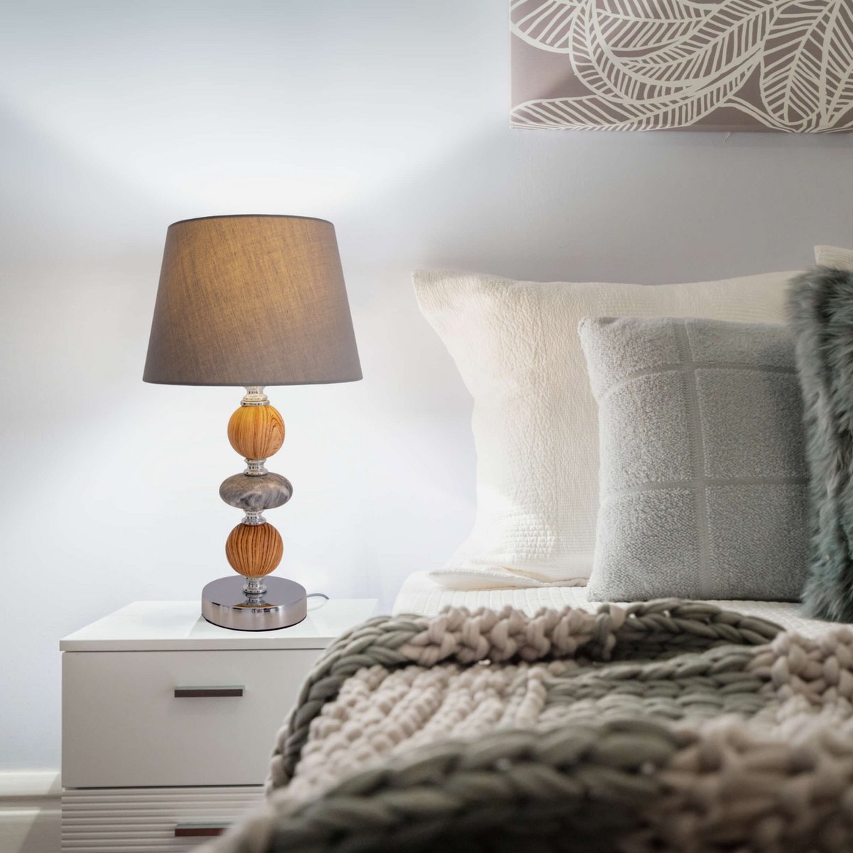 Ceramic table lamp "Araga" 36 cm high, table lamp made of metal, wood and marble, with text blades, gray, with E14 socket, lighting for dining room, living room, hallway or office