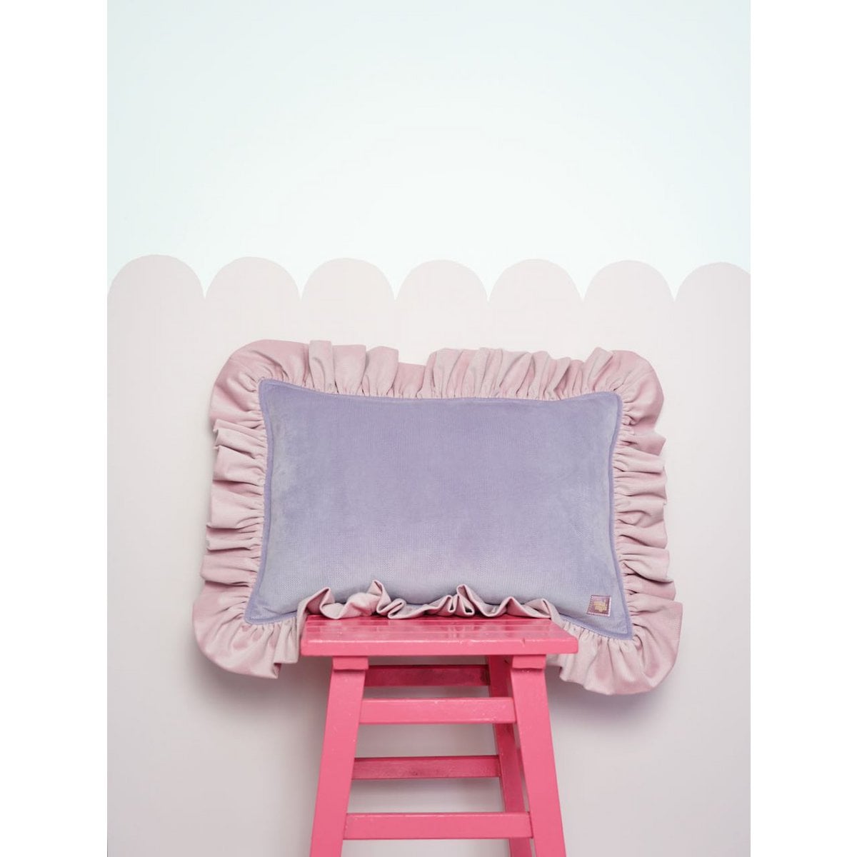 Decorative velvet pillow with frill "Violet lemonade"