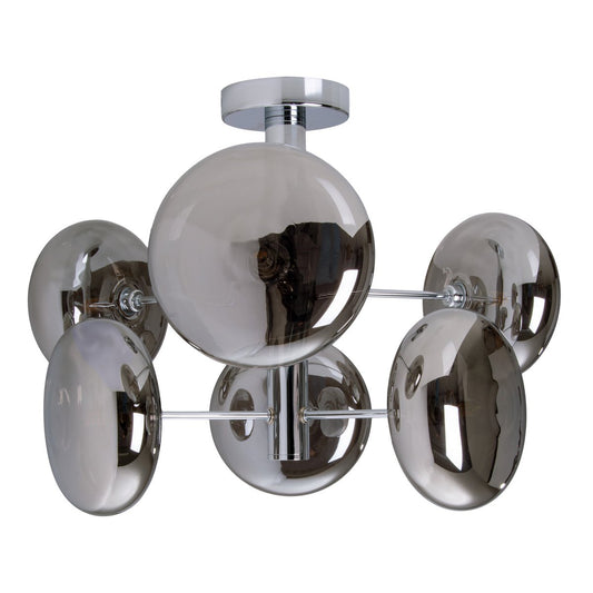 Taklampa "ORION" rökfärgad, Ø ca 53 cm, av kromfärgat, rostfritt stål och rökglas, G9-sockel, belysning för vardagsrum, matsal eller kontor.