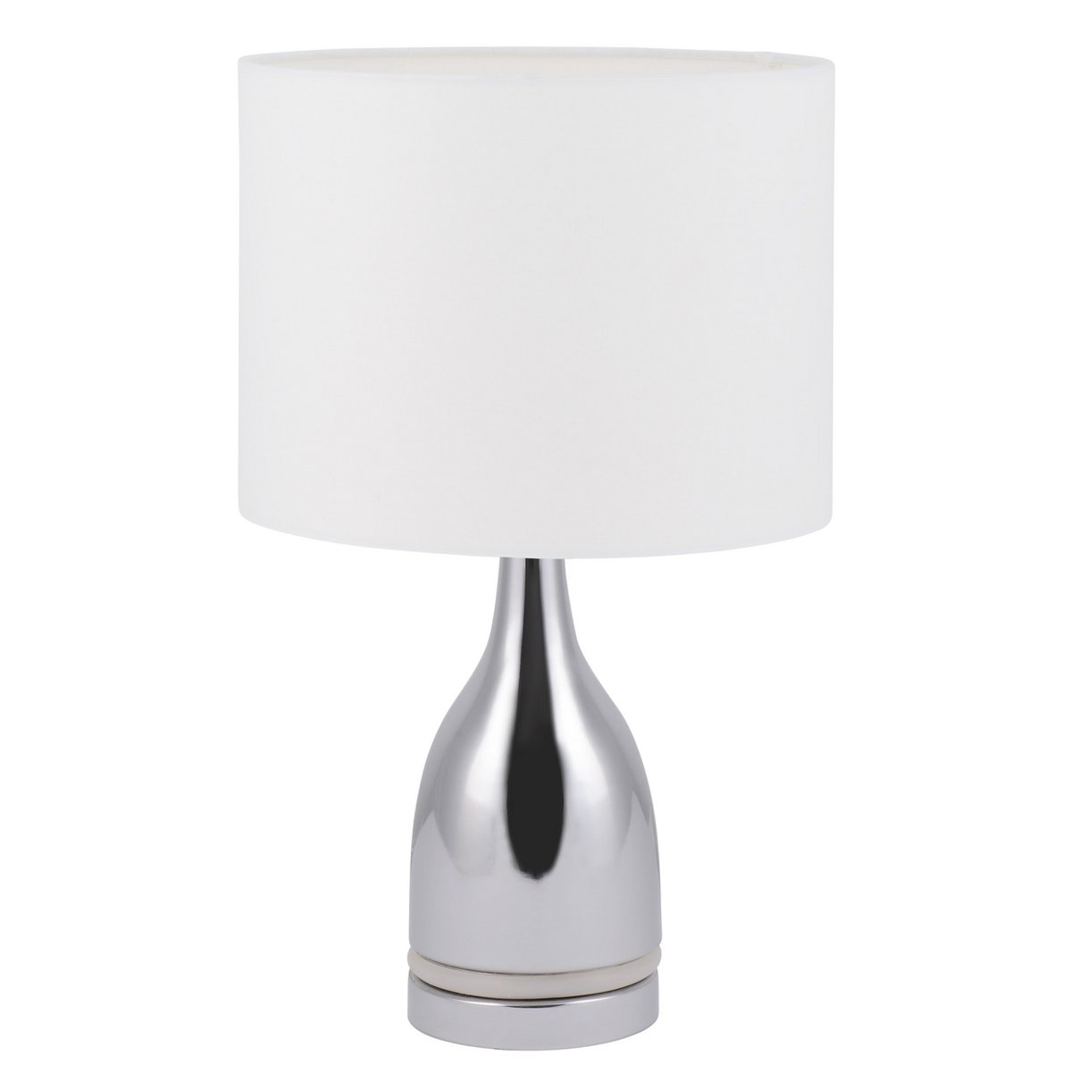 The "Cosima" LED table lamp is 43.5 cm high, umbrella Ø 25 cm, made of metal, plastic, textile material in the colors chrome and white. Both integrated LEDs in the light foot and E14 version