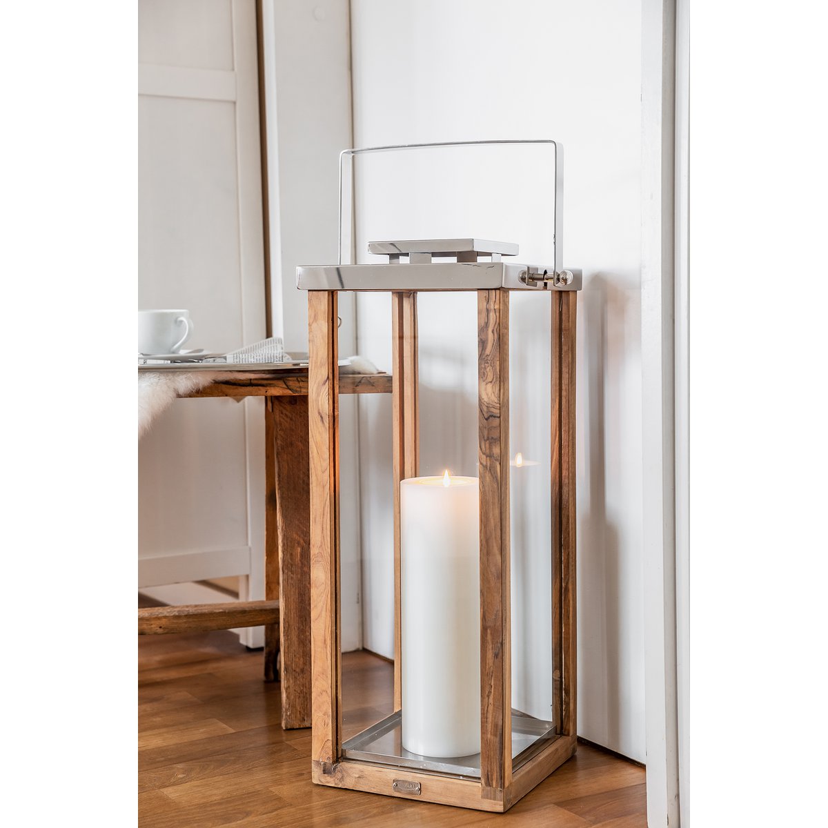 EDZARD lantern Miami with foldable handle, wood and stainless steel shiny nickel-plated, height 70 cm