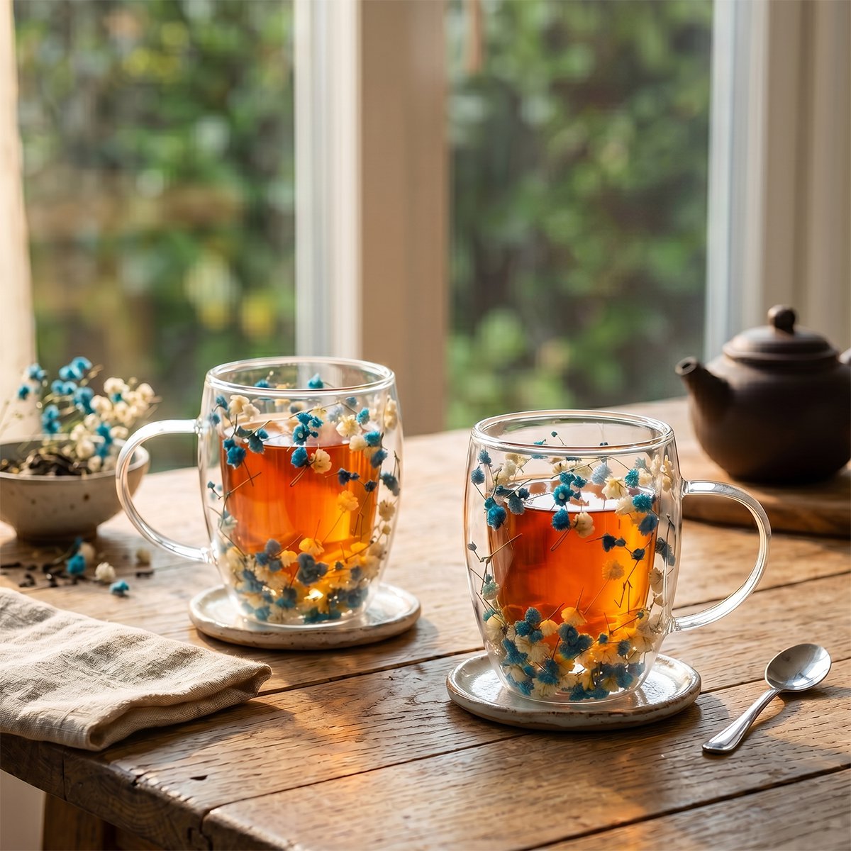Double -wall tea cups blue and white flowers 350ml -lot of 2