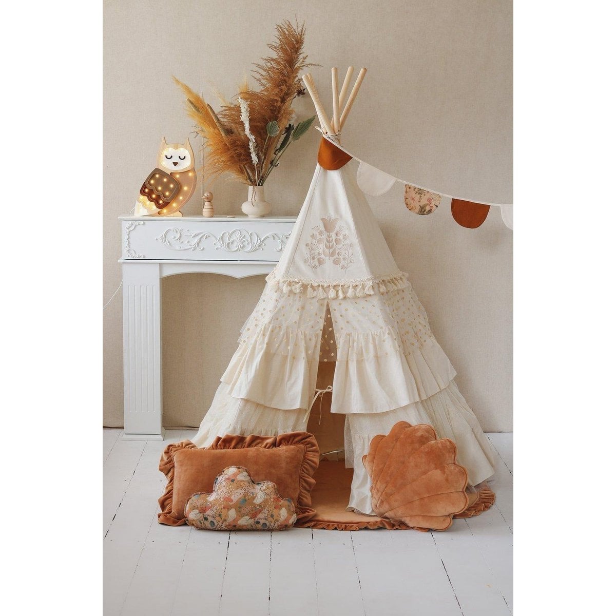“Boho” Teepee Tent with Frills and Embroidery