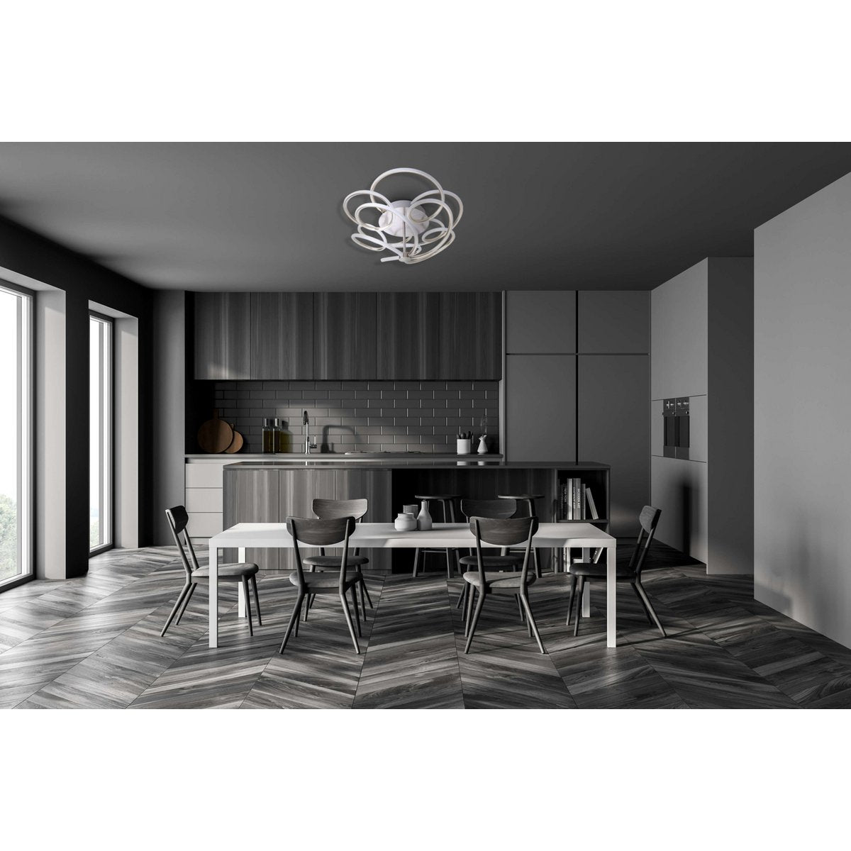 LED ceiling lamp "Rizado" Ø: 57cm made of metal in satin nickel and plastic, with firmly built-in LEDs, lighting for living rooms and office.