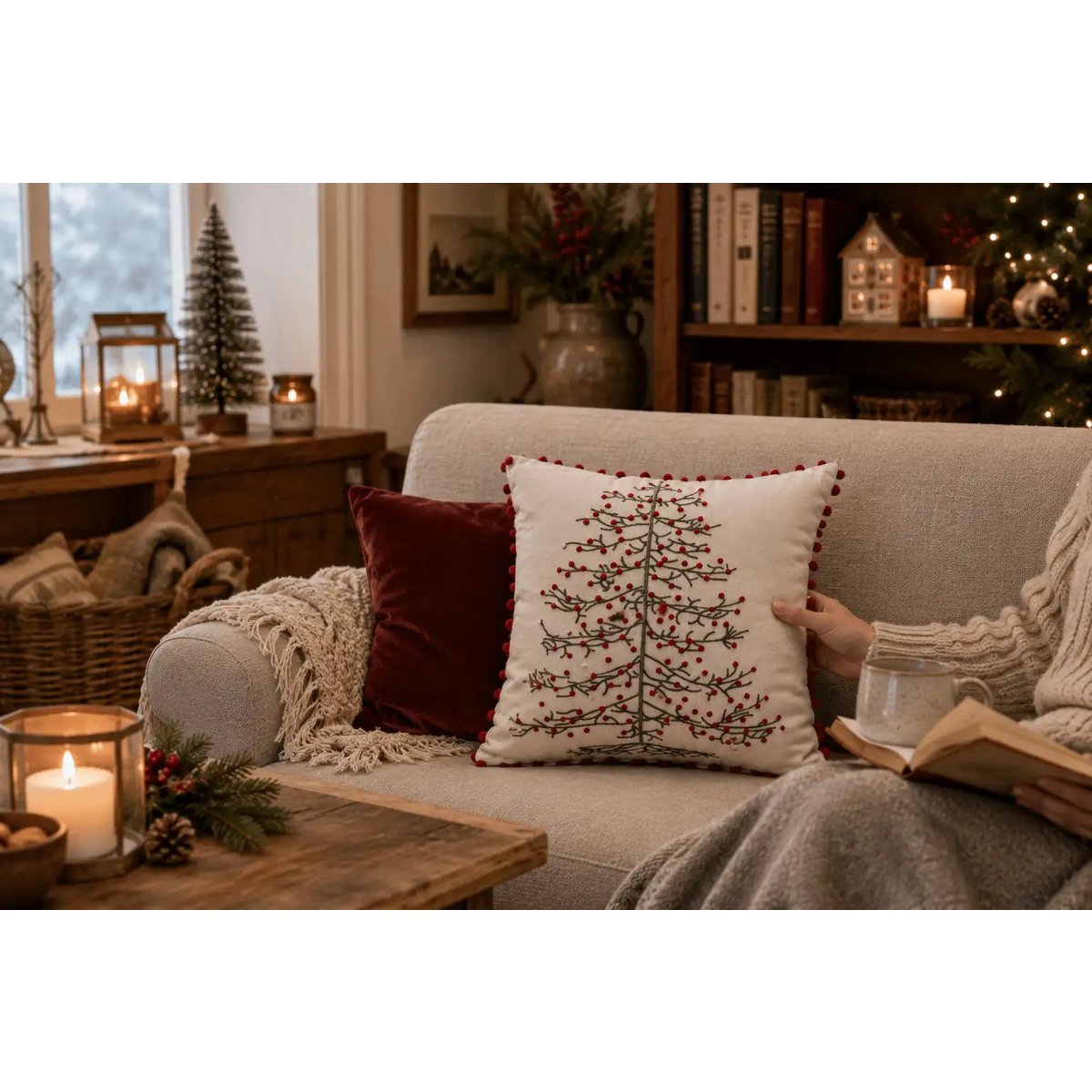 Beige & Red Christmas Tree with Pompons – Cushion Cover / Kussenhoes – Christmas 45×45 cm – Urbane Hide