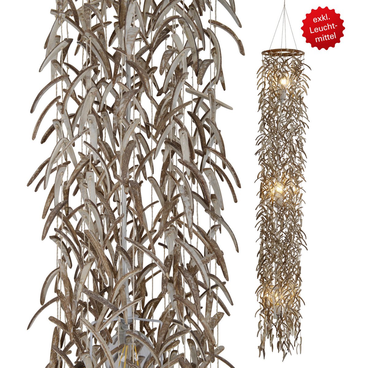 Pendant lamp "coconut" 180 cm high, made of wood and coconut shells, beige/brown, E27 socket, lighting for living room, dining room or winter garden.