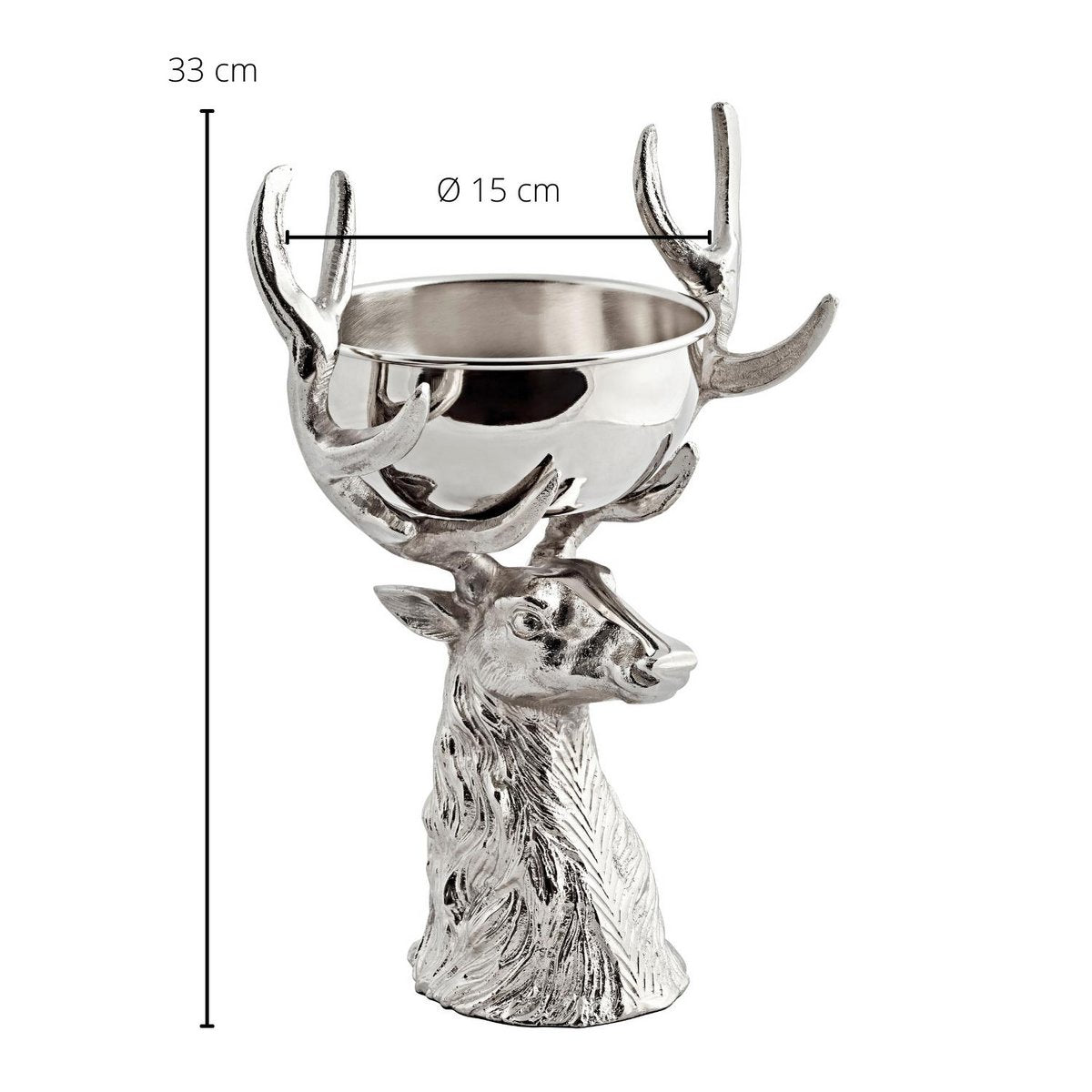 EDZARD Deer head with Richard bowl, nickel-plated aluminum, silver-colored, height 33 cm. Stainless steel bowl