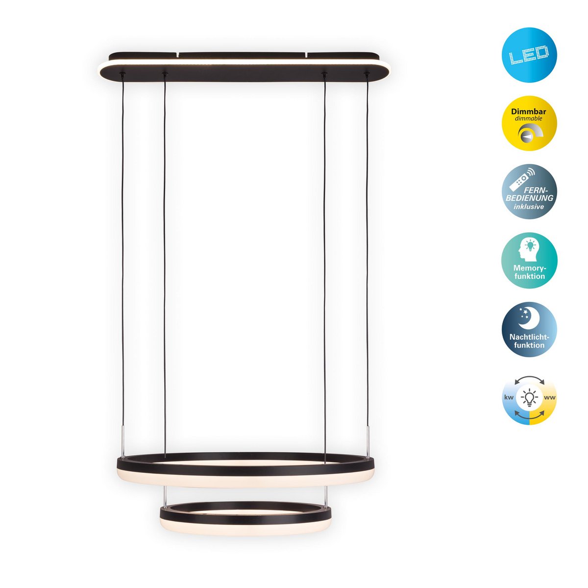 LED CCT pendant light "Circulo" made of black metal and sand-colored plastic, with integrated LED and many functions, Ø 60 cm, 150 cm high.