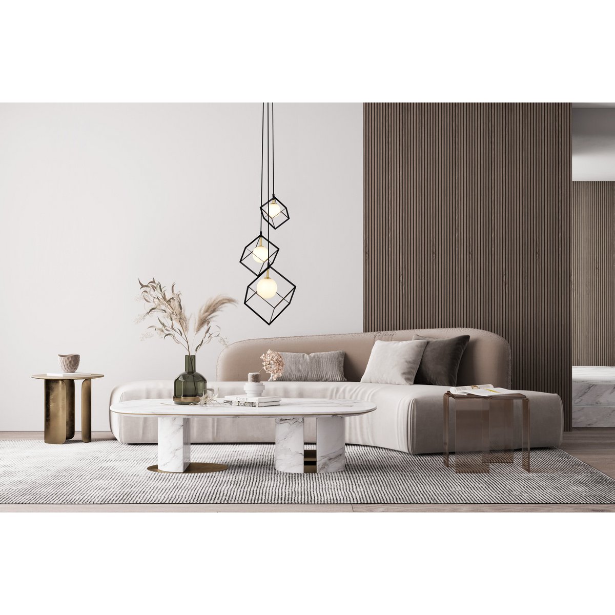3-flame pendant lamp "Cadre", retro pendant lamp made of metal and glass in black, and white with a G9 socket, a total of 147 cm high, for living area and office.