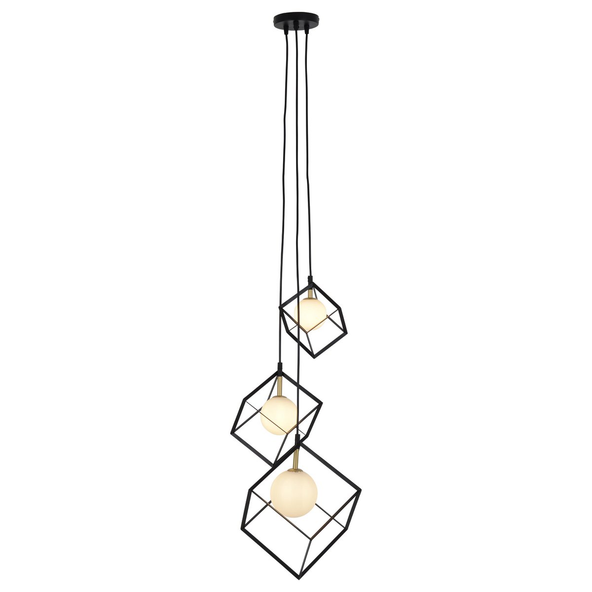 3-flame pendant lamp "Cadre", retro pendant lamp made of metal and glass in black, and white with a G9 socket, a total of 147 cm high, for living area and office.