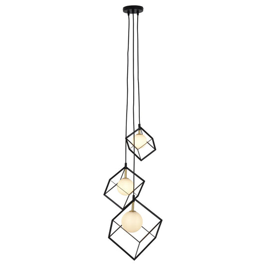 3-flame pendant lamp "Cadre", retro pendant lamp made of metal and glass in black, and white with a G9 socket, a total of 147 cm high, for living area and office.