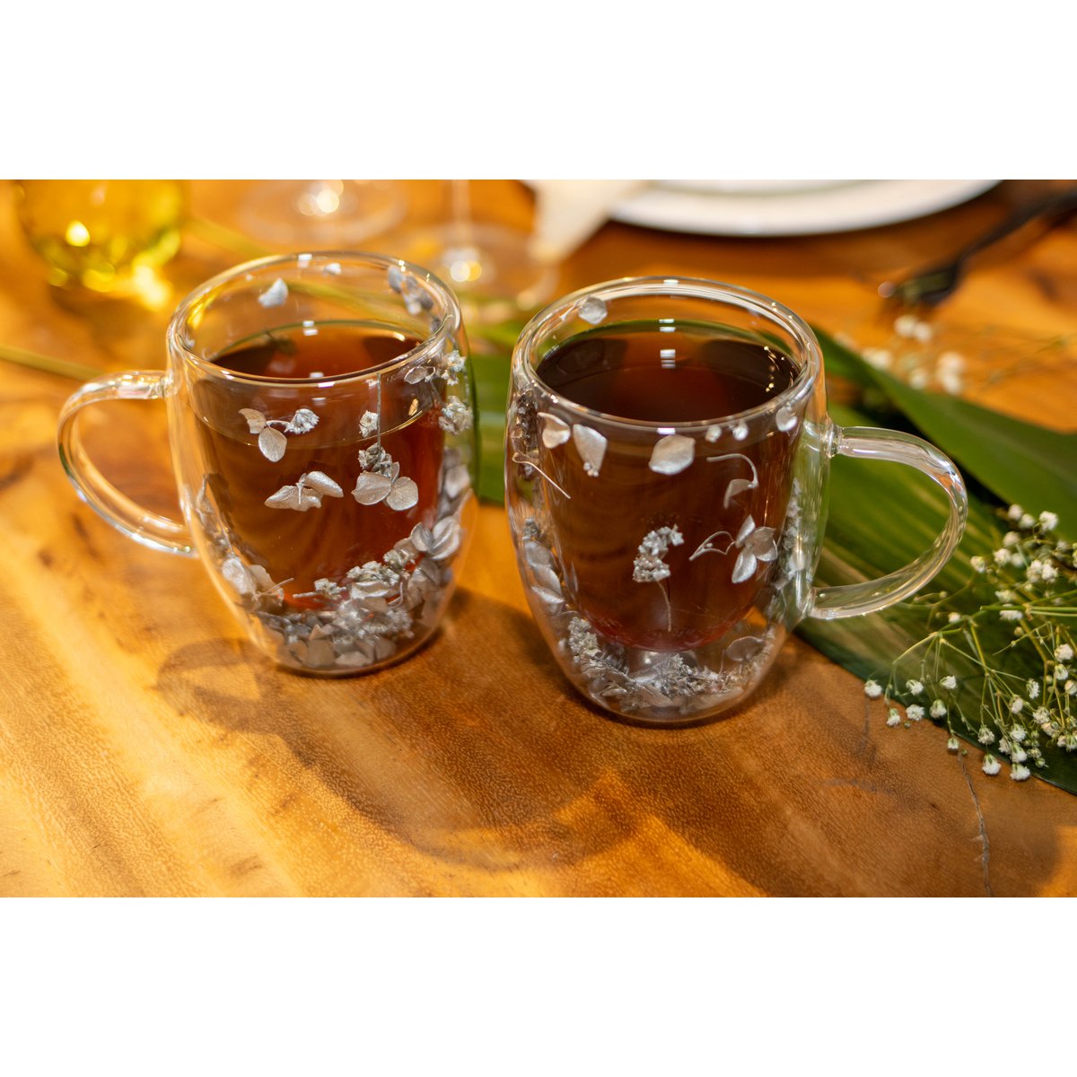 Double wall tea cups 350ml silver flowers - Lot of 2