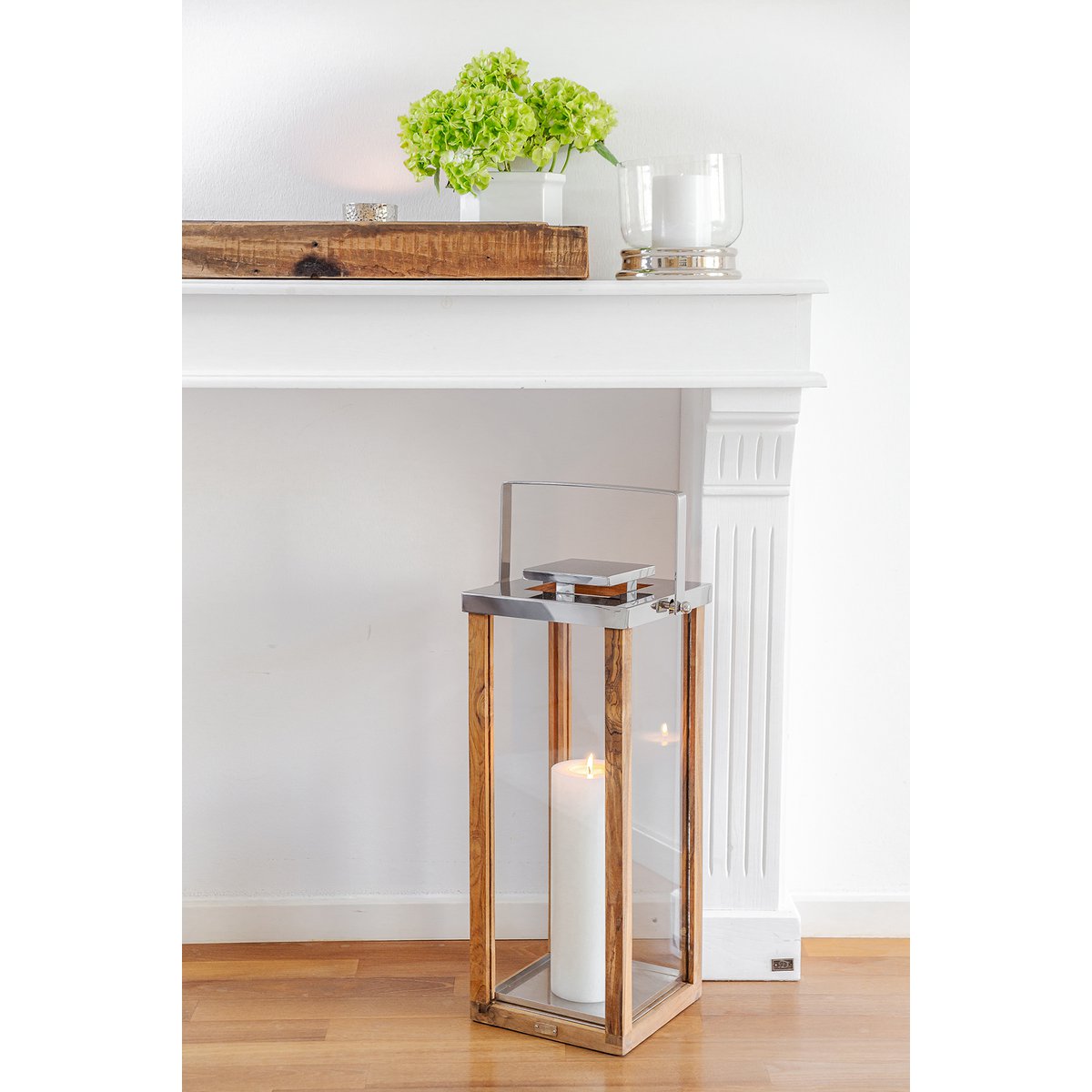 EDZARD lantern Miami with foldable handle, wood and stainless steel shiny nickel-plated, height 70 cm