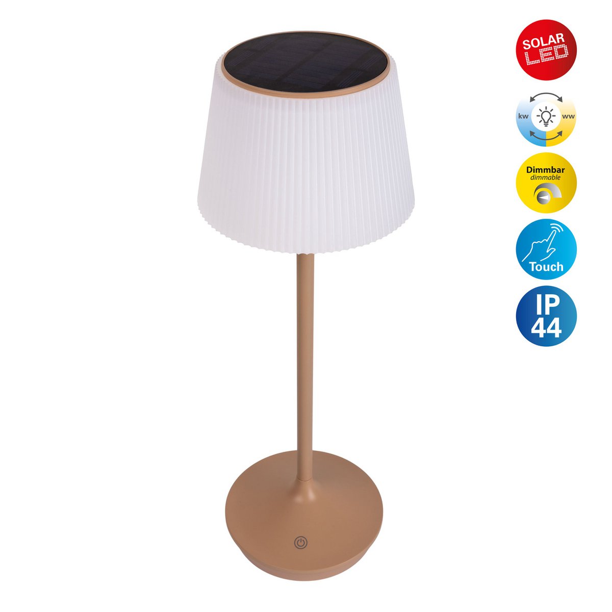 Solar battery lamp "Emmi" 38 cm high, umbrella Ø 13 cm, metal in almond and white plastic, for the outdoor area, dimmable CCT.
