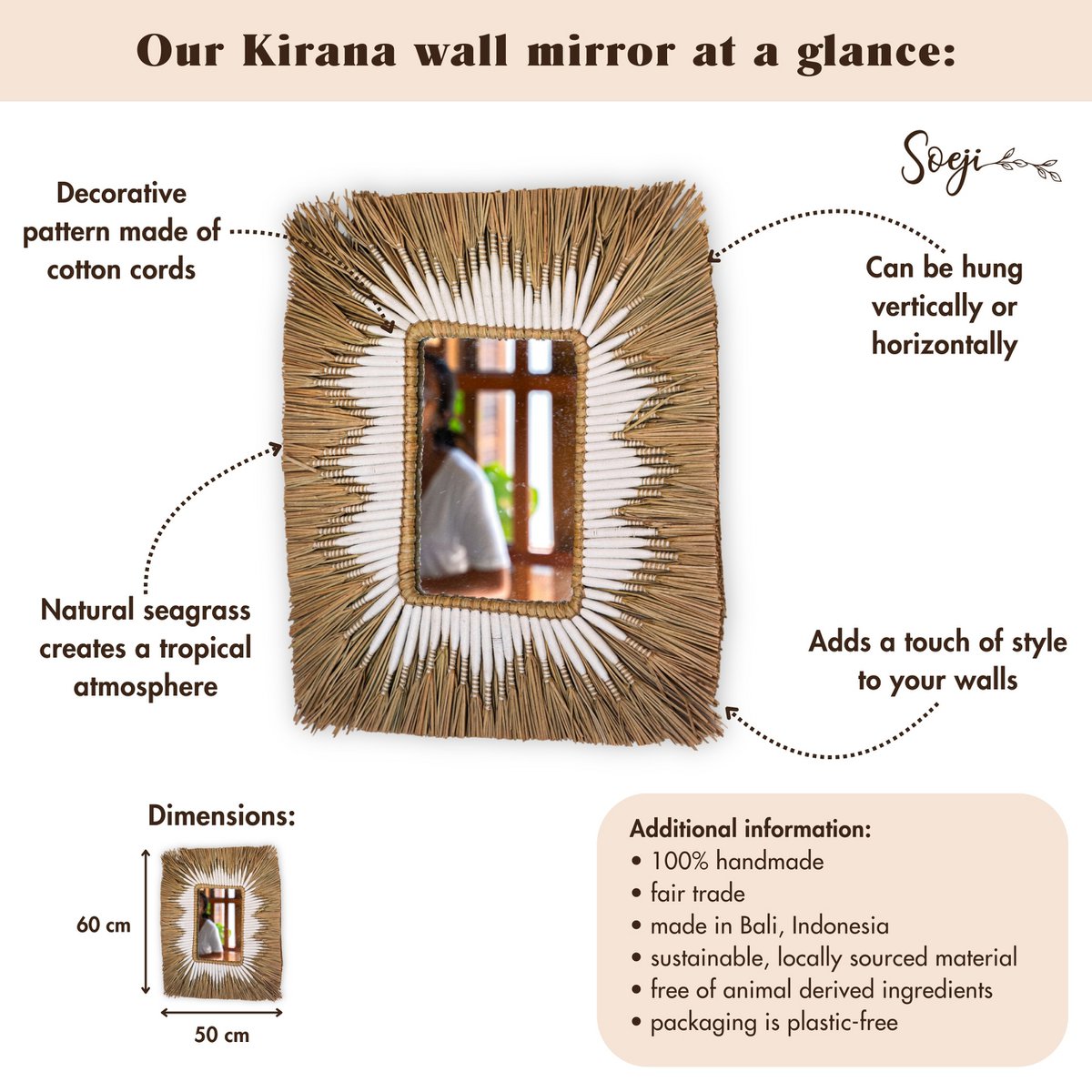 Seagrass Wall Mirror – Rectangular Boho Hanging Mirror – Fringe Wall Mirror with White Cotton Pattern 60x50 cm KIRANA