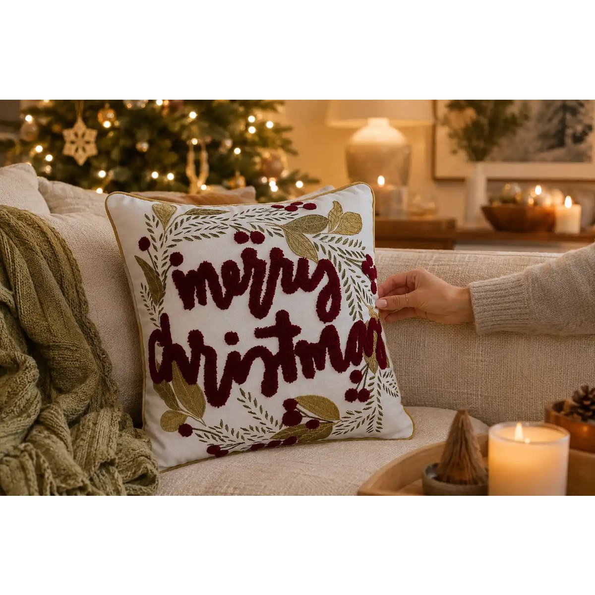 Embroidered Christmas Text – Cushion Cover / Kussenhoes – Christmas 45×45 cm – Urbane Hide