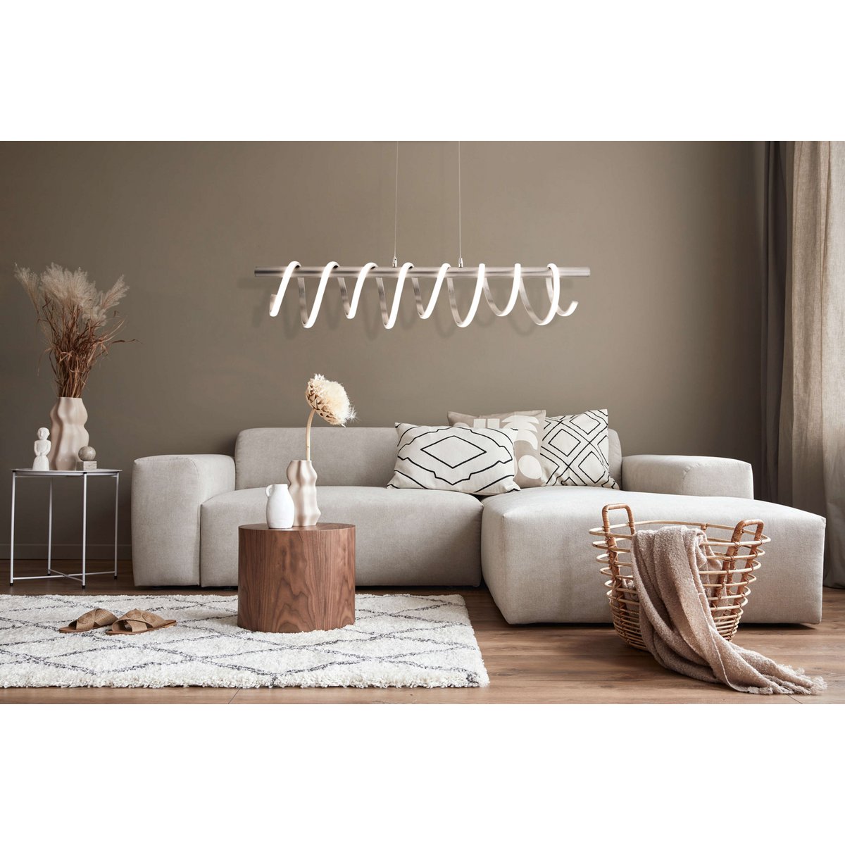 LED-pendellampa "Belleza", modern pendellampa i metall och plast i matt nickel och vitt, med fasta inbyggda LED-lampor, 100 cm lång. Den perfekta belysningen för vardagsrum, matsal eller kök.