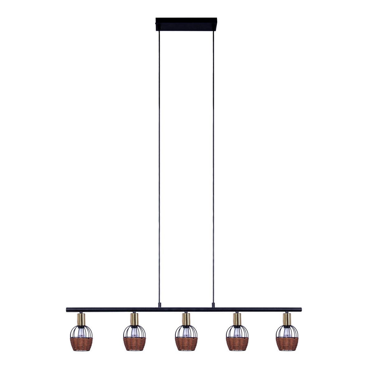 5er Pendelleuchte "CORBIS", Hängelampe aus Metall in Schwarz, mit Gold und Rattan, mit E14-Fassung, für Esszimmer, Wohnzimmer, Diele oder Büro, 100 cm lang