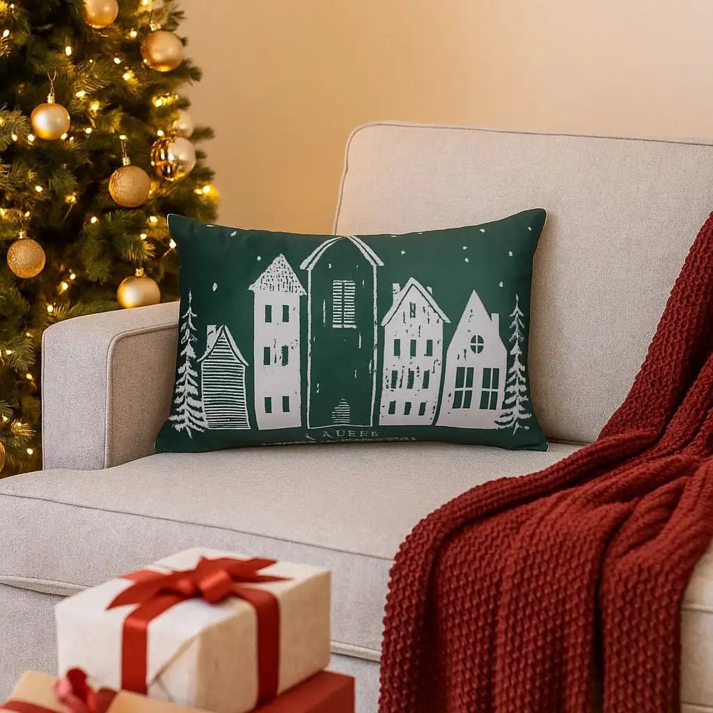 Green Winter Village – Cushion Cover / Kussenhoes – Christmas 30×50 cm – Urbane Hide