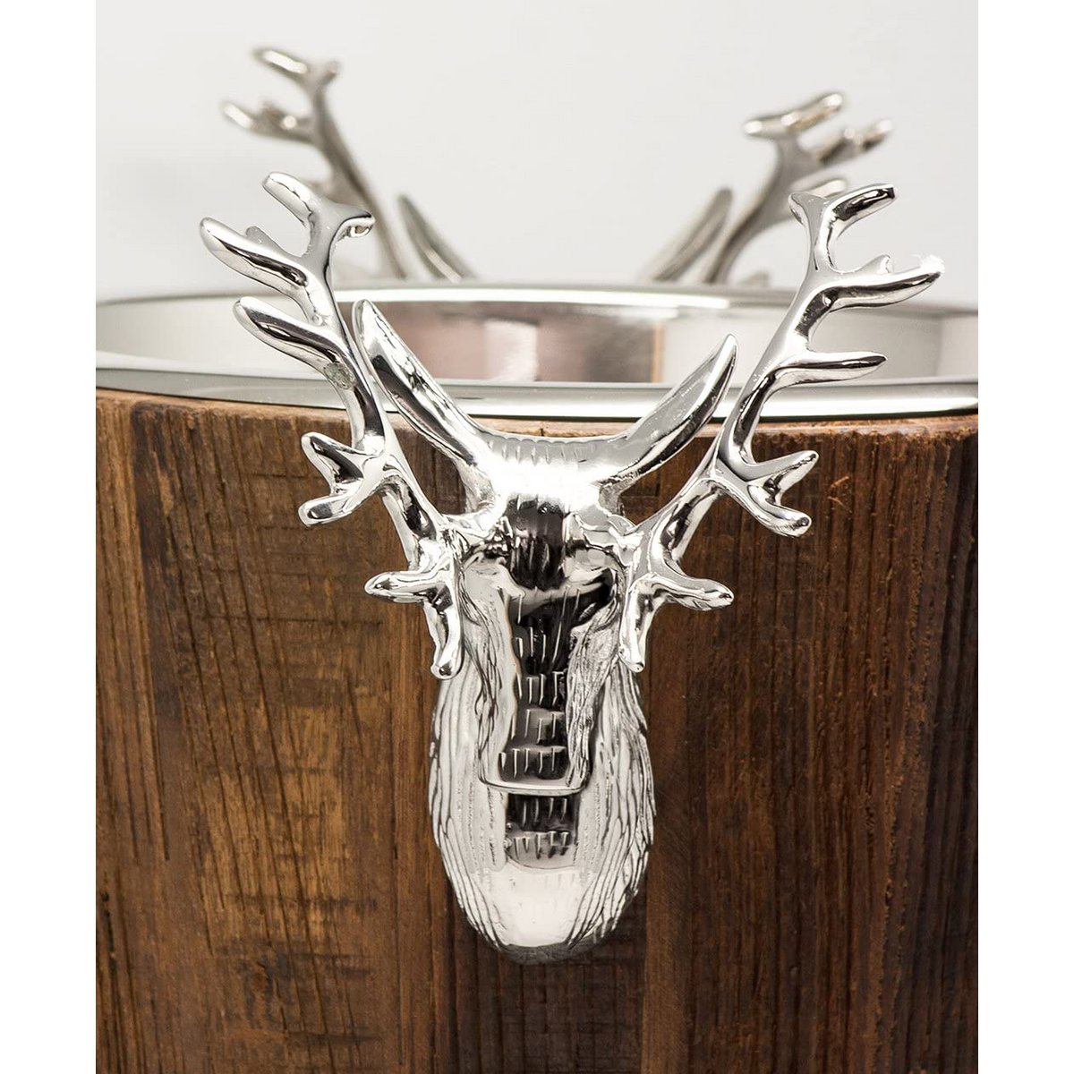 EDZARD champagne cooler Milwaukee with 2 deer heads, teak, stainless steel shiny nickel-plated, height 30 cm