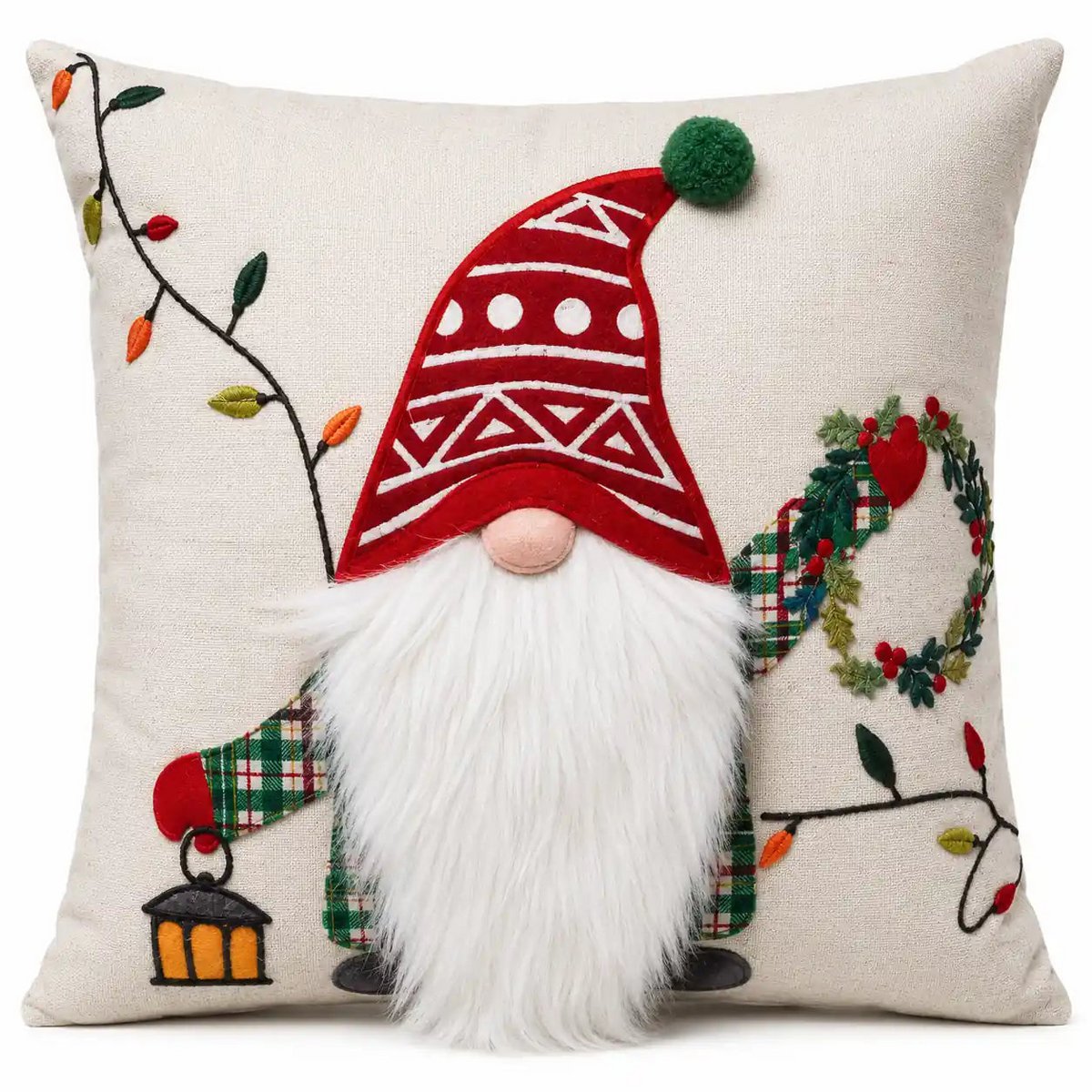 Beige & Multicolour Festive Gnome with Lights – Cushion Cover / Kussenhoes – Christmas 45×45 cm – Urbane Hide